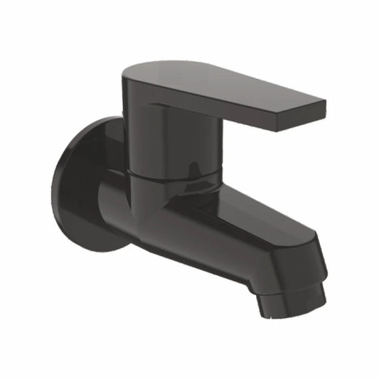 Brass Single Lever Bib Cock with Wall Flange | Wall-Mounted Faucet in Matte Black Finish with PVD Coating | Bathroom, Kitchen, Garden Tap | Entice Series