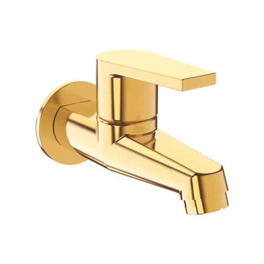 Brass Long Body Bib Cock with Wall Flange | Wall-Mounted Faucet in Gold Finish with PVD Coating | Bathroom, Kitchen, Garden Tap | Entice Series