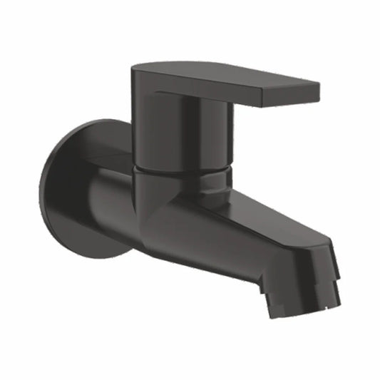 Brass Long Body Bib Cock with Wall Flange | Wall-Mounted Faucet in Matte Black Finish with PVD Coating | Bathroom, Kitchen Tap | Entice Series