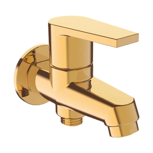 Brass Two-Way Bib Cock with Wall Flange | Wall-Mounted Faucet in Gold Finish with PVD Coating | Bathroom, Kitchen, Garden Tap | Entice Series