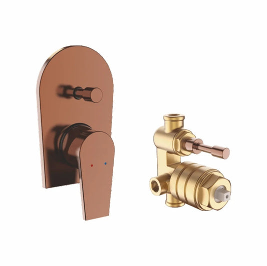 Single-Lever High-Flow Concealed Diverter with Exposed Part Kit | Heavy-Duty Brass Water Valve in Rose Gold Finish & PVD Coating | From & for Showers, Bathtubs & Bathroom Setup