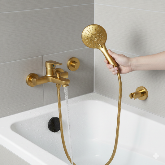Aquieen Hand Shower, Flexible Tube & Wall Holder Set | ABS | Gold