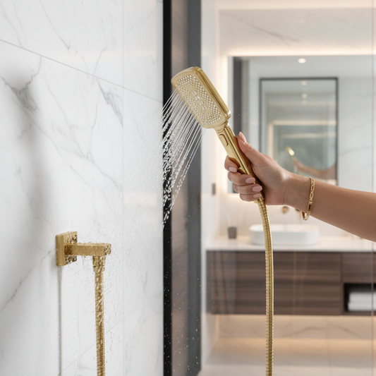 Aquieen Hand Shower, Flexible Tube & Wall Holder Set | ABS | Brushed Gold