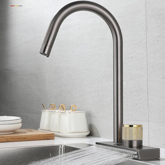 SS304 Kitchen Sink Mixer Faucet - Deck Mounted, Waterfall Tap with Hot & Cold Control, Black & Gold Finish