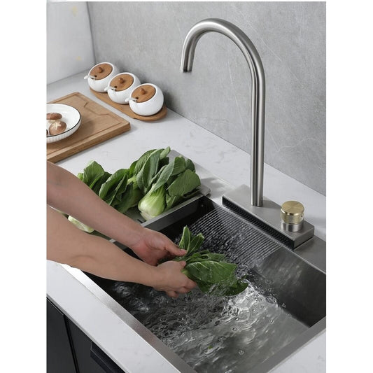 SS304 Kitchen Sink Mixer Faucet - Deck Mounted, Waterfall Tap with Hot & Cold Control, Black & Gold Finish