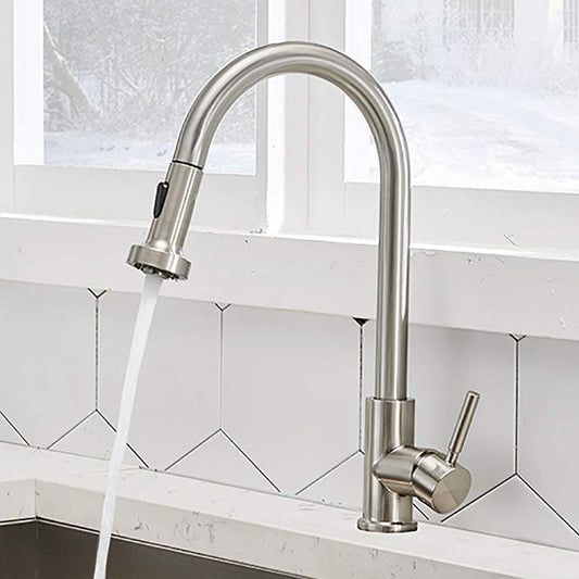 SS304 Kitchen Sink Mixer Faucet - Deck Mounted, Pull-Out Hose Tap, Hot & Cold Control, Linea Series, Brushed Finish
