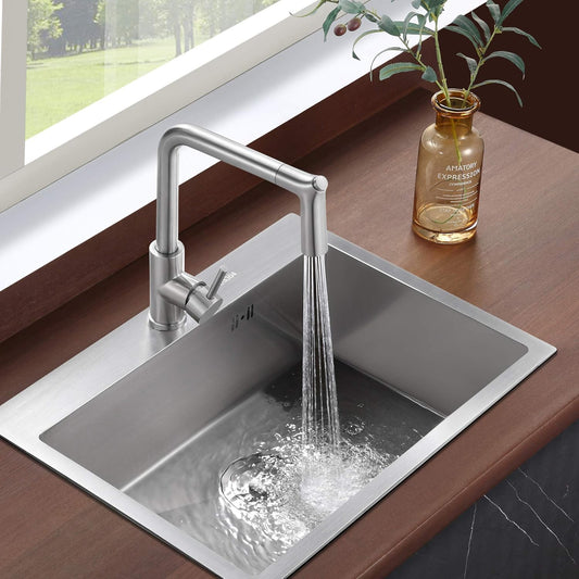 SS304 Kitchen Sink Mixer Faucet - Deck Mounted, Pull-Out Hose Tap with Connecting Hoses, Escale Series, Brushed Finish