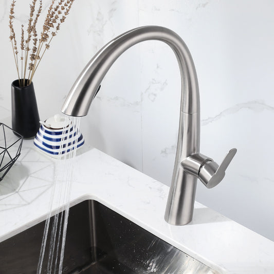 SS304 Kitchen Sink Mixer Faucet - Deck Mounted, Pull-Out Hose Tap with Connecting Hoses, Arc Series, Brushed Finish