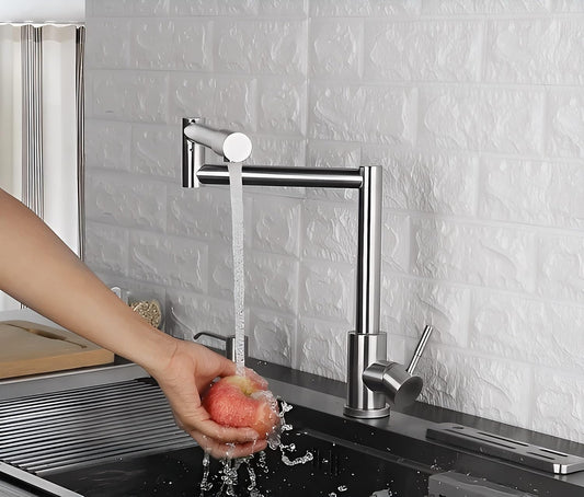 SS304 Kitchen Sink Mixer Faucet - Deck Mounted Tap with Connecting Hoses, Swel Series, Brushed Silver Finish