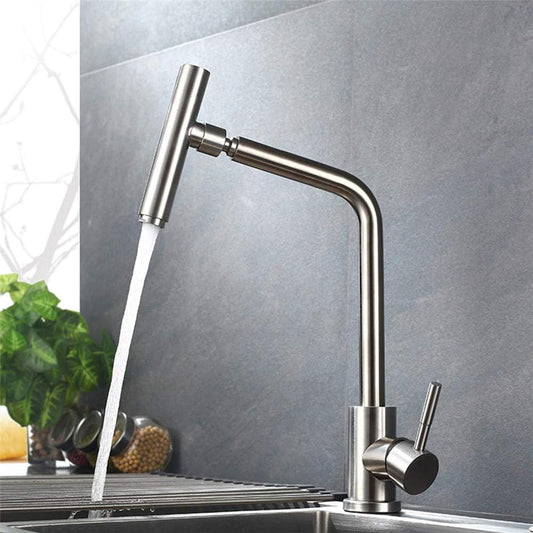 SS304 Kitchen Sink Mixer Faucet - Deck Mounted Tap with Connecting Hoses, Tesla Series, Brushed Silver Finish