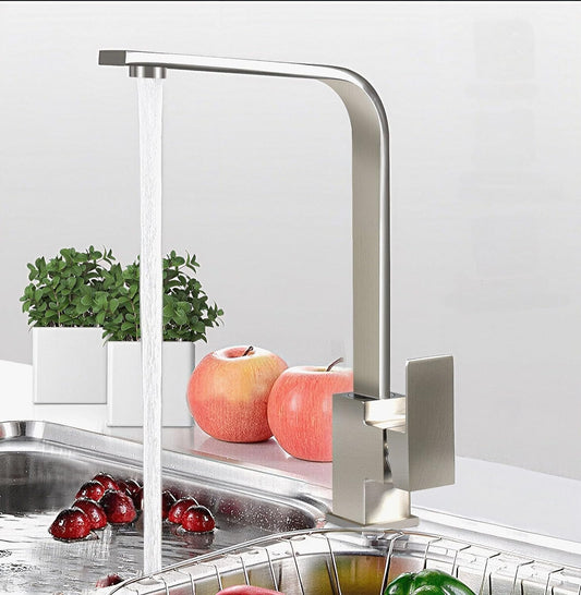 SS304 Kitchen Sink Mixer Faucet - Deck Mounted Tap with Connecting Hoses, Kubix Series, Brushed Steel Finish