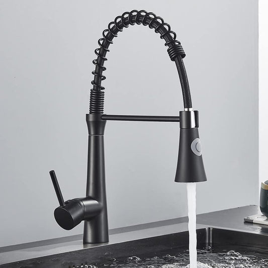 SS304 Kitchen Sink Mixer Faucet - Deck Mounted Spring Hose Tap with Connecting Hoses, Crest Series, Matte Black Finish
