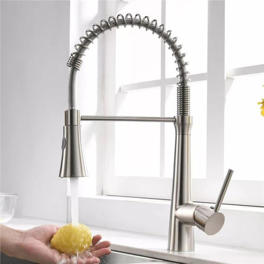 SS304 Kitchen Sink Mixer Faucet - Deck Mounted Spring Hose Tap with Connecting Hoses, Crest Series, White Finish