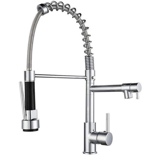 SS304 Kitchen Sink Mixer Faucet - Deck Mounted Spring Hose Tap with Connecting Hoses, Chrome Finish