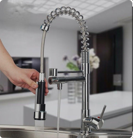 SS304 Kitchen Sink Mixer Faucet - Deck Mounted Spring Hose Tap with Connecting Hoses, Chrome Finish