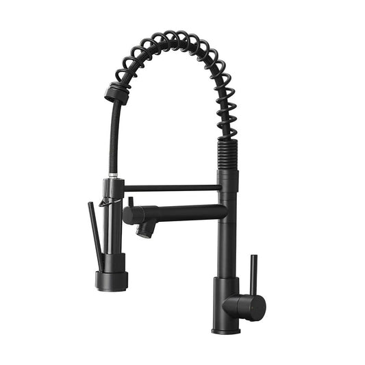 SS304 Kitchen Sink Mixer Faucet - Deck Mounted Spring Hose Tap with Connecting Hoses, Matte Black Finish