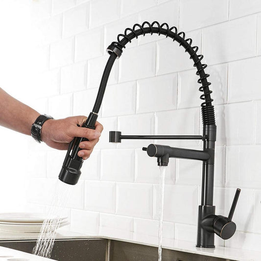 SS304 Kitchen Sink Mixer Faucet - Deck Mounted Spring Hose Tap with Connecting Hoses, Matte Black Finish