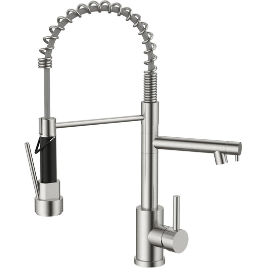 SS304 Kitchen Sink Mixer Faucet - Deck Mounted Spring Hose Tap with Connecting Hoses, Brushed Silver Finish