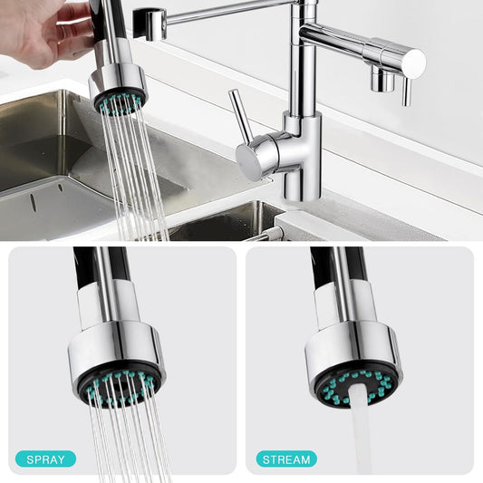 SS304 Kitchen Sink Mixer Faucet - Deck Mounted Spring Hose Tap with Connecting Hoses, Brushed Silver Finish