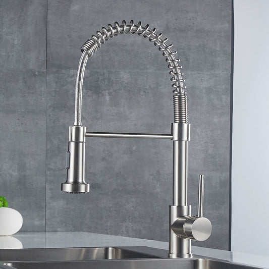 SS304 Kitchen Sink Mixer Faucet - Deck Mounted Spring Hose Tap with Connecting Hoses, Chrome Finish