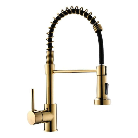 SS304 Kitchen Sink Mixer Faucet - Deck Mounted Spring Hose Tap with Connecting Hoses, Gold Finish