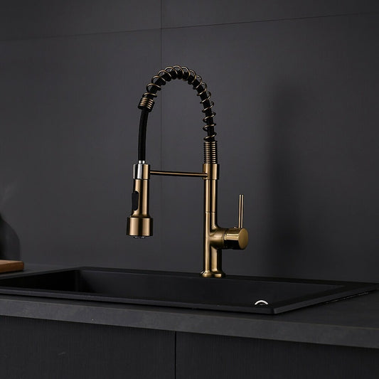 SS304 Kitchen Sink Mixer Faucet - Deck Mounted Spring Hose Tap with Connecting Hoses, Gold Finish