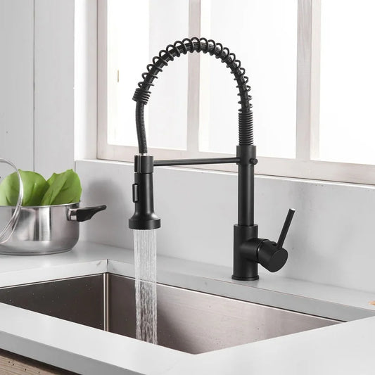SS304 Kitchen Sink Mixer Faucet - Deck Mounted Spring Hose Tap with Connecting Hoses, Matte Black Finish