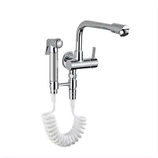 Wall Mounted Sink Cock with Hand Spray | Heavy-Duty SS304 Stainless Steel Chrome Finish Sink Faucet | Wall-Mounted Kitchen Tap
