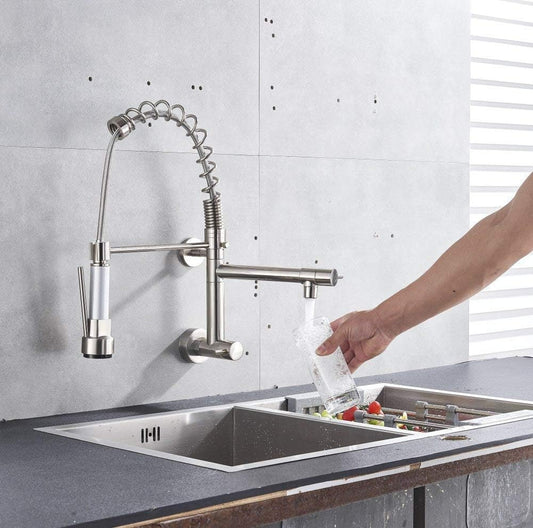 Cold Water Sink Cock with Spring Neck and Spout | Heavy-Duty SS304 Stainless Steel Chrome Finish Kitchen Sink Faucet and Spout | Wall-Mounted Tap