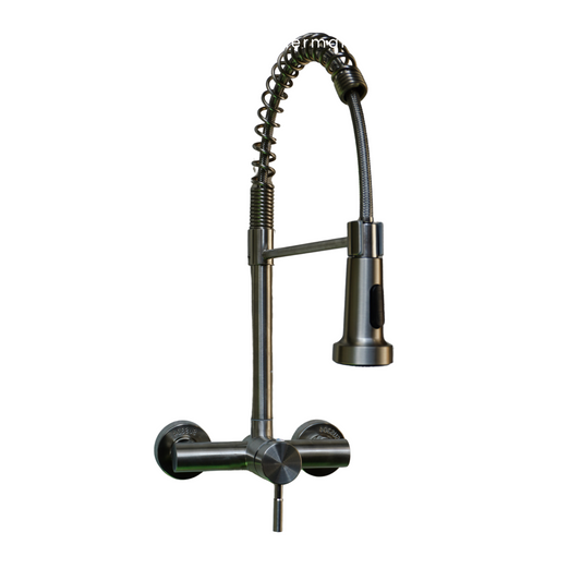 SS304 Kitchen Sink Mixer Faucet - Wall-Mounted Spring Hose Tap with Connecting Hoses, Matte Black Finish