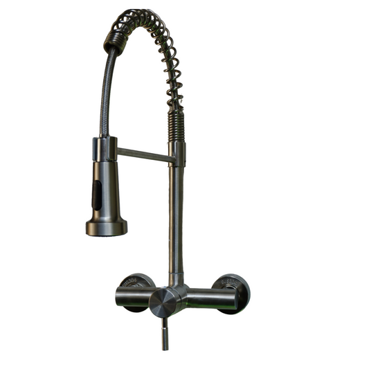 SS304 Kitchen Sink Mixer Faucet - Wall-Mounted Spring Hose Tap with Connecting Hoses, Matte Black Finish