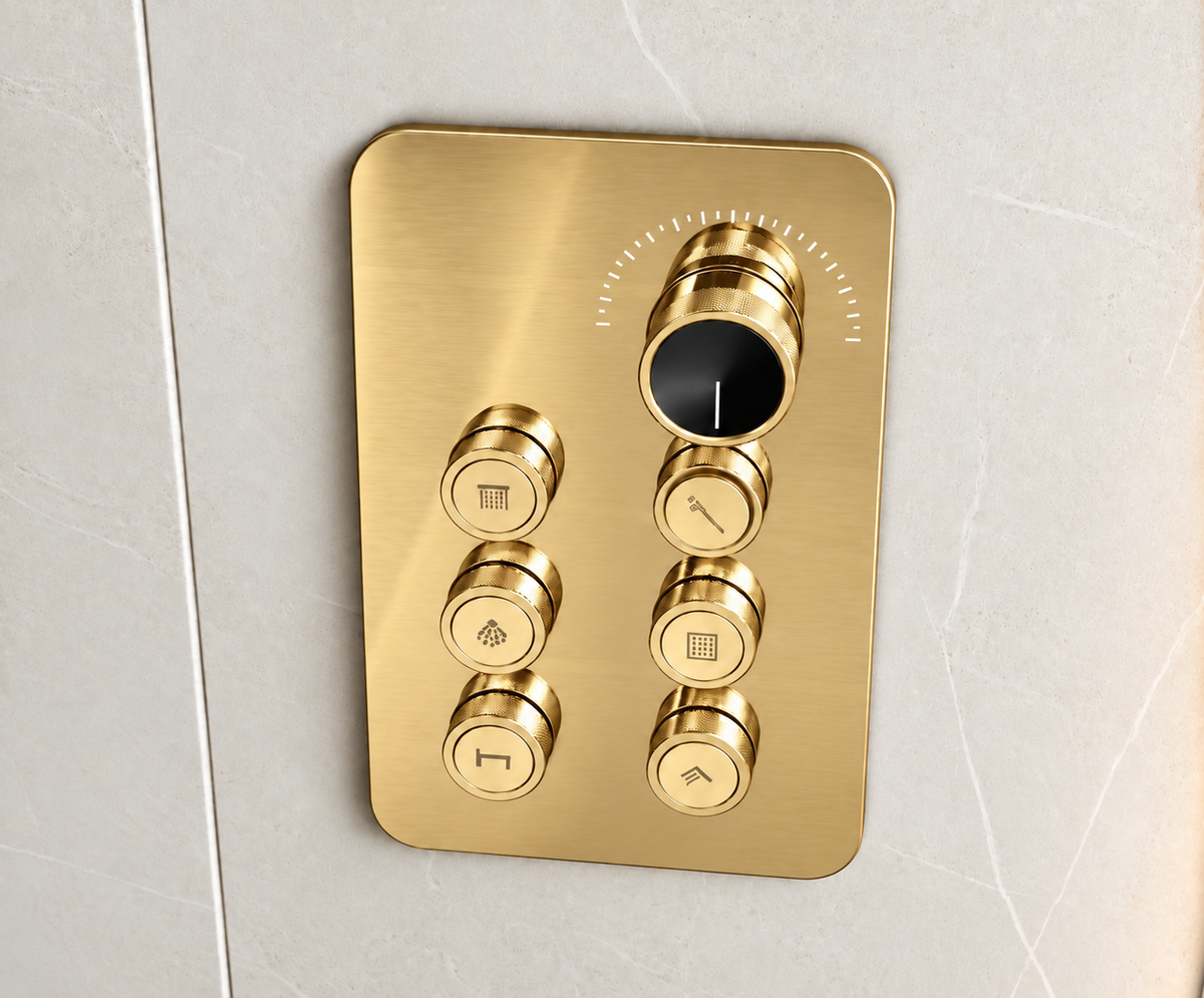 6-Way Thermostatic Diverter Gold Finish, Brass Made, Wall-Mounted - For Bathroom & Spa Water Flow & Temperature Control