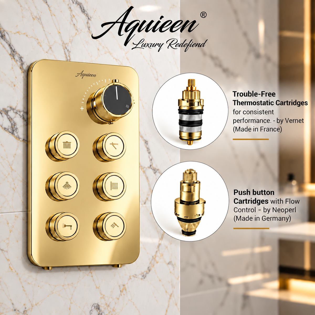 6-Way Thermostatic Diverter Gold Finish, Brass Made, Wall-Mounted - For Bathroom & Spa Water Flow & Temperature Control