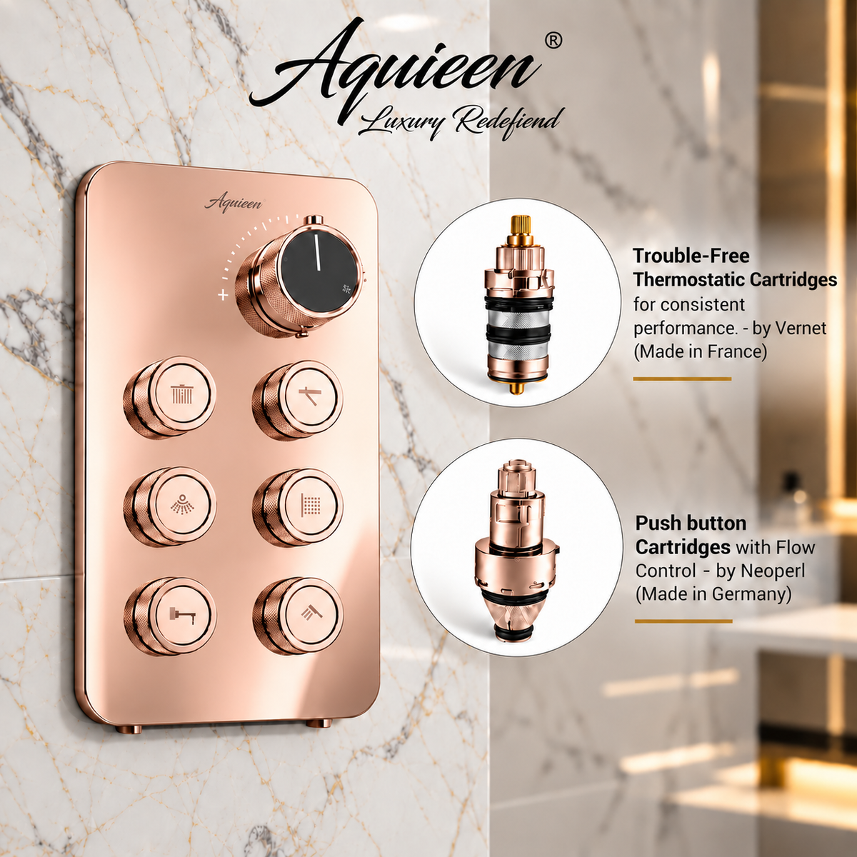 6-Way Thermostatic Diverter Brushed Rose Gold Finish, Brass Made, Wall-Mounted - For Bathroom & Spa Water Flow & Temperature Control