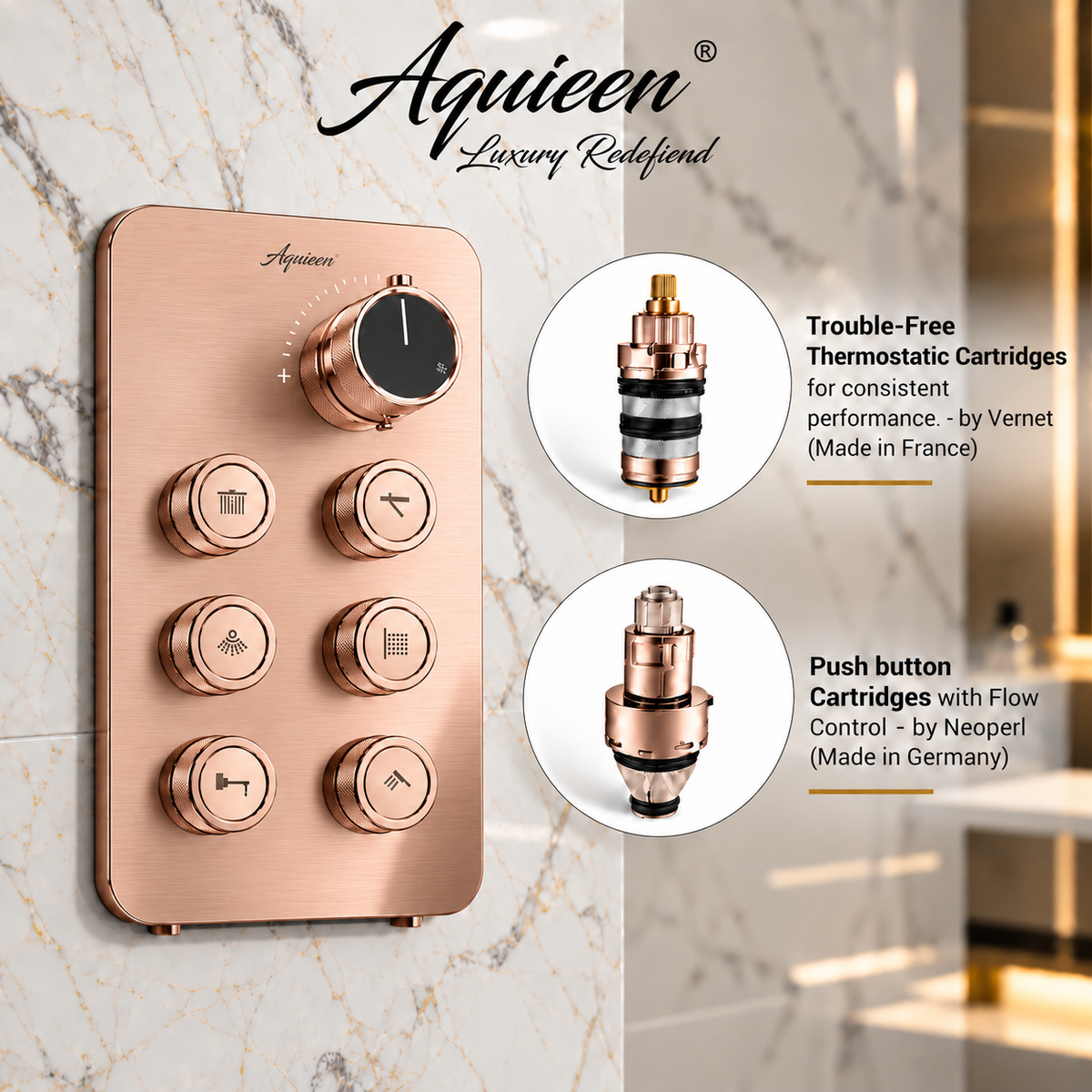 6-Way Thermostatic Diverter Brushed Gold Finish, Brass Made, Wall-Mounted - For Bathroom & Spa Water Flow & Temperature Control