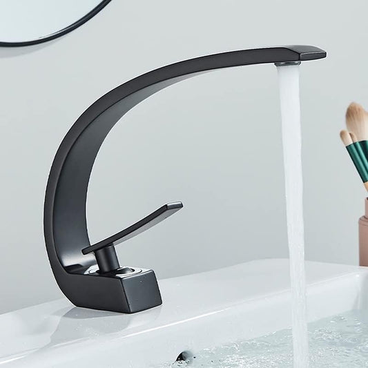 Deck Mounted Basin Mixer Tap in Matte Black Finish | Heavy-Duty Brass Made | Hot & Cold Water Tap | Arc Series