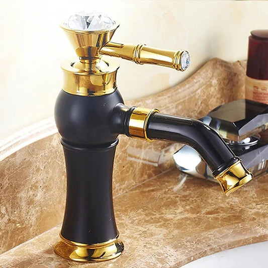 Deck Mounted Basin Mixer Tap in Black & Gold Finish | Heavy-Duty Brass Made | Hot & Cold Water Tap | Amaze Series