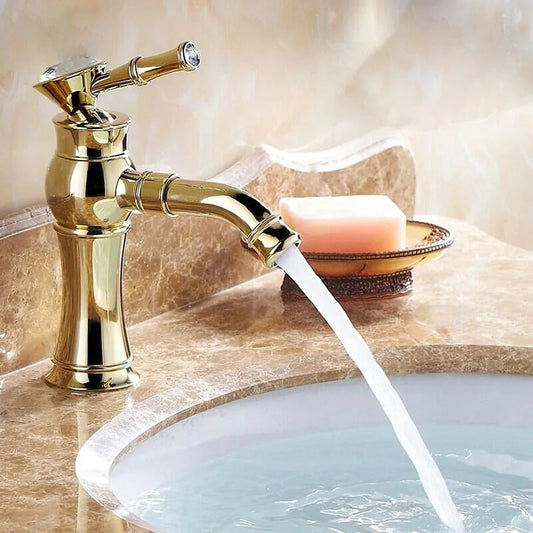 Deck Mounted Basin Mixer Tap in Gold Finish | Heavy-Duty Brass Made | Hot & Cold Water Tap | Amaze Series