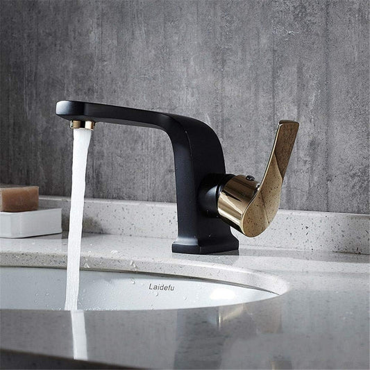 Deck Mounted Basin Mixer Tap in Black & Gold Finish | Heavy-Duty Brass Made | Hot & Cold Water Tap | Nexa Series
