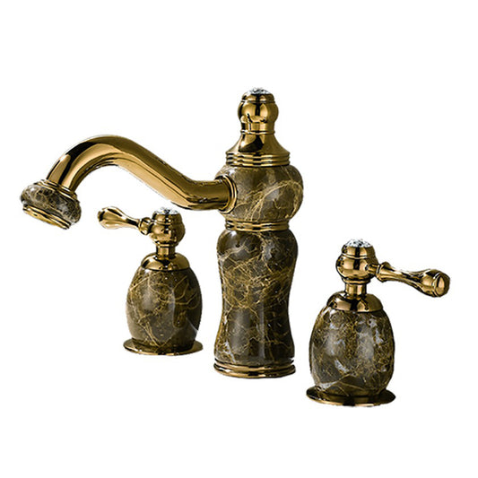 Designer Deck Mounted 3-Hole Basin Mixer Tap in Gold & Marble Finish | Heavy-Duty Brass Made | Hot & Cold Water Tap