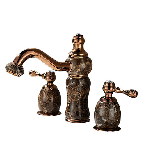 Designer Deck Mounted 3-Hole Basin Mixer Tap in Rose Gold & Marble Finish | Heavy-Duty Brass Made | Hot & Cold Water Tap