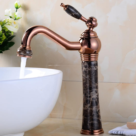 Deck Mounted Basin Mixer Tap in Rose Gold & Marble Finish | Heavy-Duty Brass Made | Hot & Cold Water Tap | Jade Series