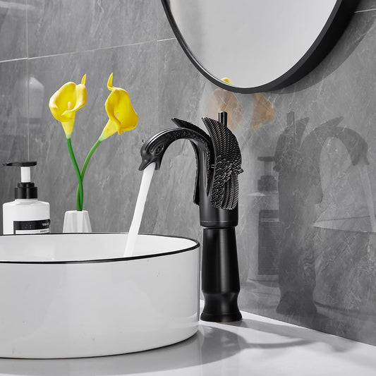 Deck Mounted Basin Mixer Tap in Matte Black Finish | Heavy-Duty Brass Made | Hot & Cold Water Tap | Bird Series