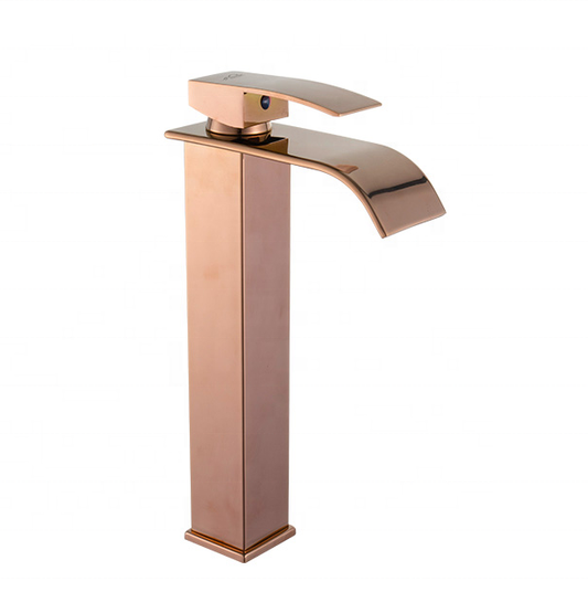 Extended Body Waterfall Basin Mixer Tap in Rose Gold Finish | Deck Mounted | Heavy-Duty Brass Made | Hot & Cold Water Tap | Waterfall Style