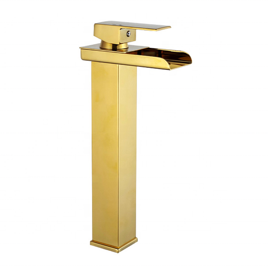Extended Body Waterfall Basin Mixer Tap in Gold Finish | Deck Mounted | Heavy-Duty Brass Made | Hot & Cold Water Tap | Waterfall Style