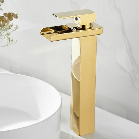 Extended Body Waterfall Basin Mixer Tap in Gold Finish | Deck Mounted | Heavy-Duty Brass Made | Hot & Cold Water Tap | Waterfall Style