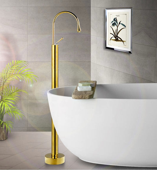 Floor Mounted Extended Body Basin Mixer Tap in Gold Finish | Heavy-Duty Brass Made | Hot & Cold Water Tap | Drop Series