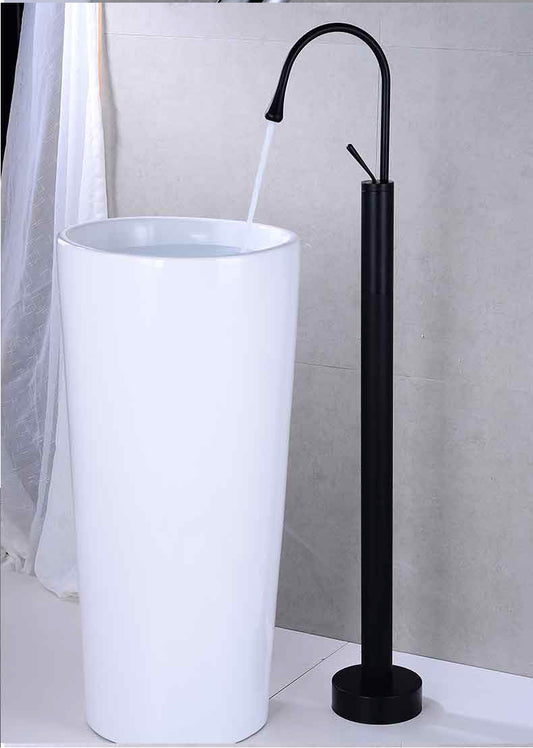 Floor Mounted Extended Body Basin Mixer Tap in Matte Black Finish | Heavy-Duty Brass Made | Hot & Cold Water Tap | Fluid Series