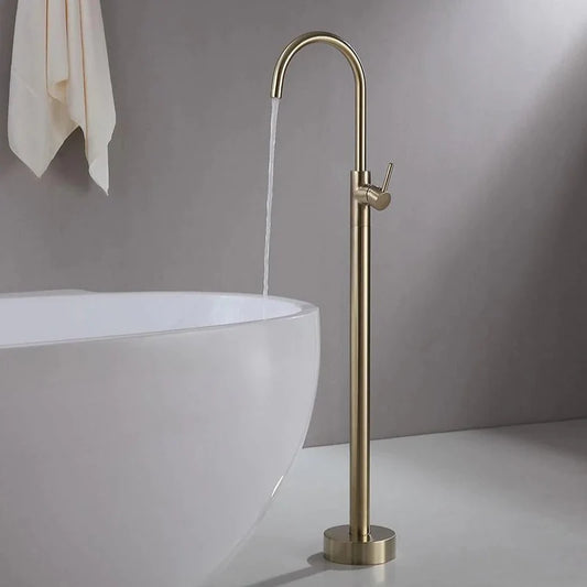 Floor Mounted Extended Body Basin Mixer Tap in Brushed Gold Finish | Heavy-Duty Brass Made | Hot & Cold Water Tap | Fluid Series