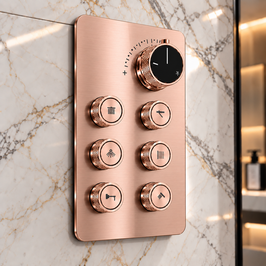 6-Way Thermostatic Diverter Brushed Gold Finish, Brass Made, Wall-Mounted - For Bathroom & Spa Water Flow & Temperature Control